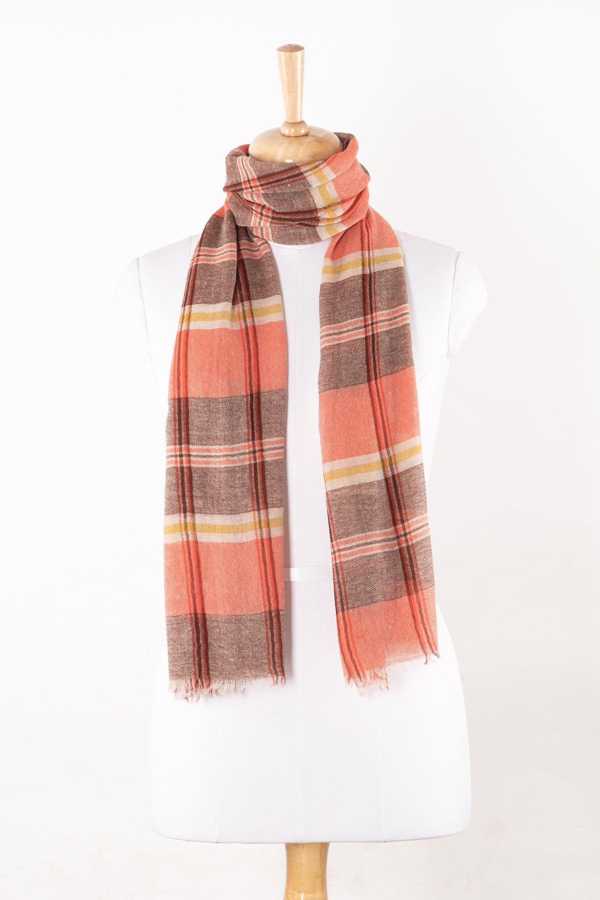 Yarn Dyed Checks and Stripes Merino Wool Scarf - Pink Brown-1