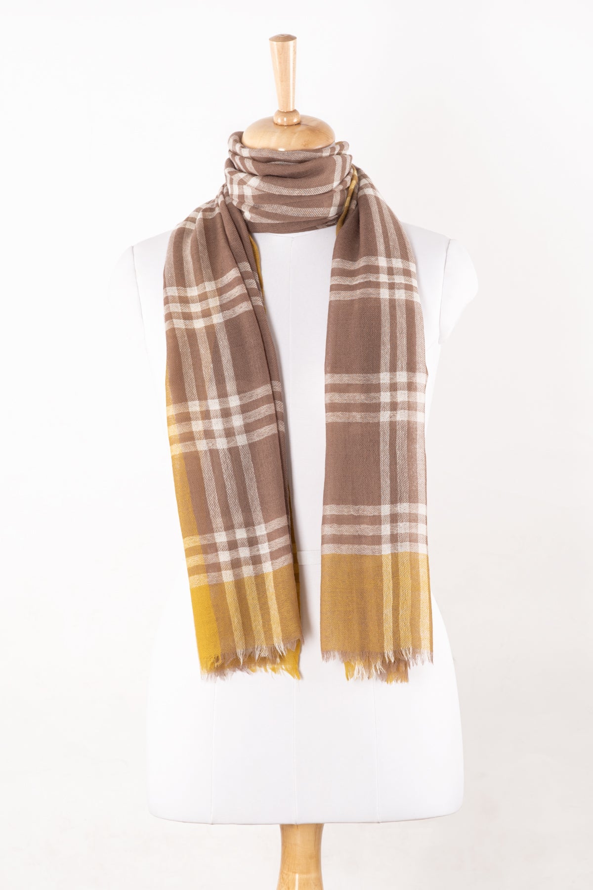 Yarn Dyed Windowpane Checks Twill Weave Merino Wool Scarf - Beige Ochre-1