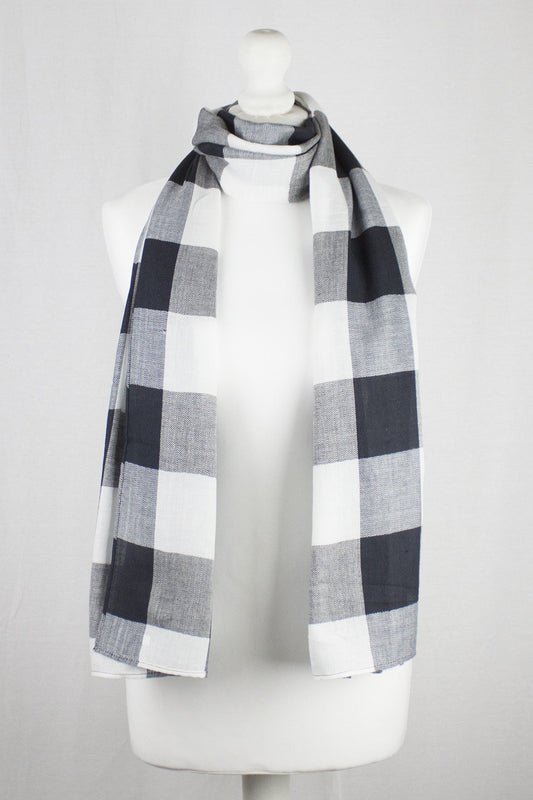 Tartan Checks Chevron Weave Cotton Viscose Scarf - Black White-0