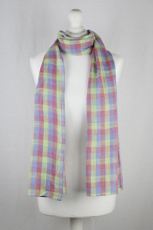 Slub Gauze Check Cotton Scarf - Pink Purple Lime Green-0