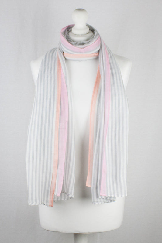 Classic Stripe with Neon Pink Border Viscose Scarf - Grey White Neon Pink-0