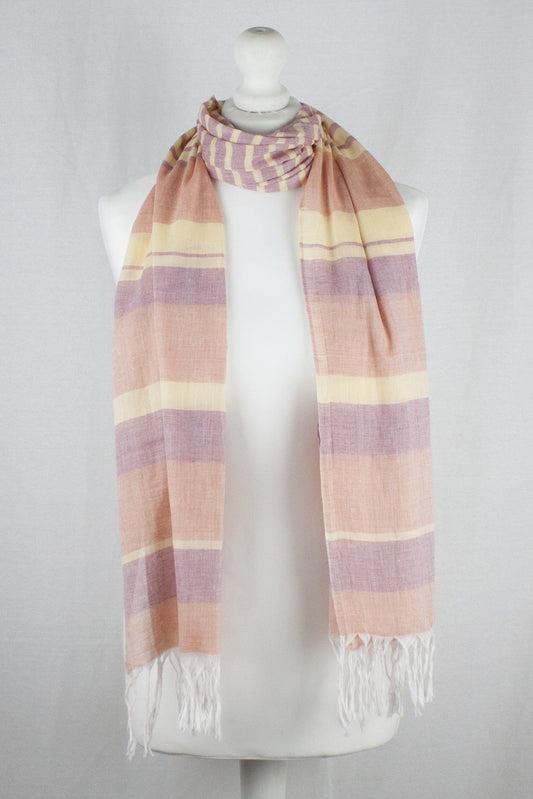 Chambray Stripe Cotton Scarf - Orange Red Yellow-0