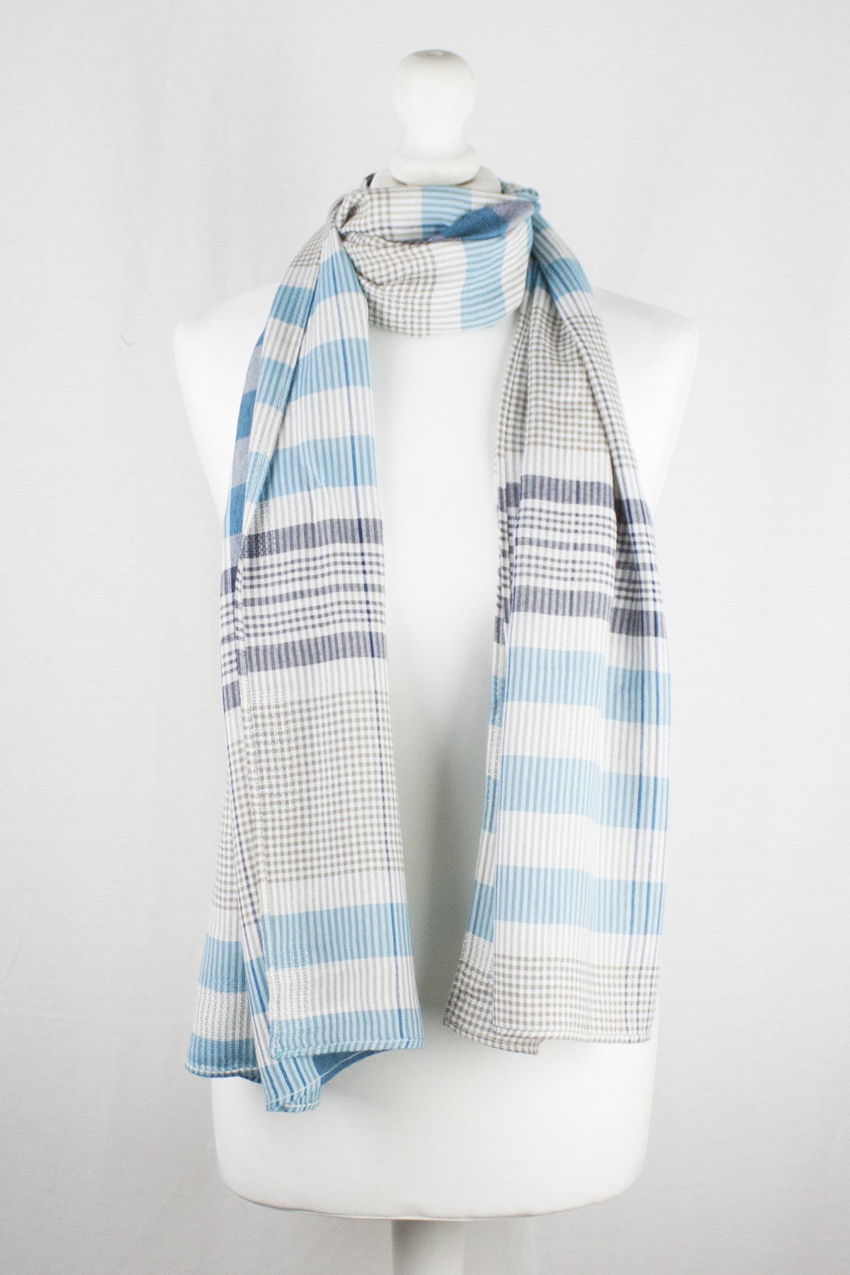 Checks and Stripes Textured Weave Viscose Scarf - Blue Navy Beige-0