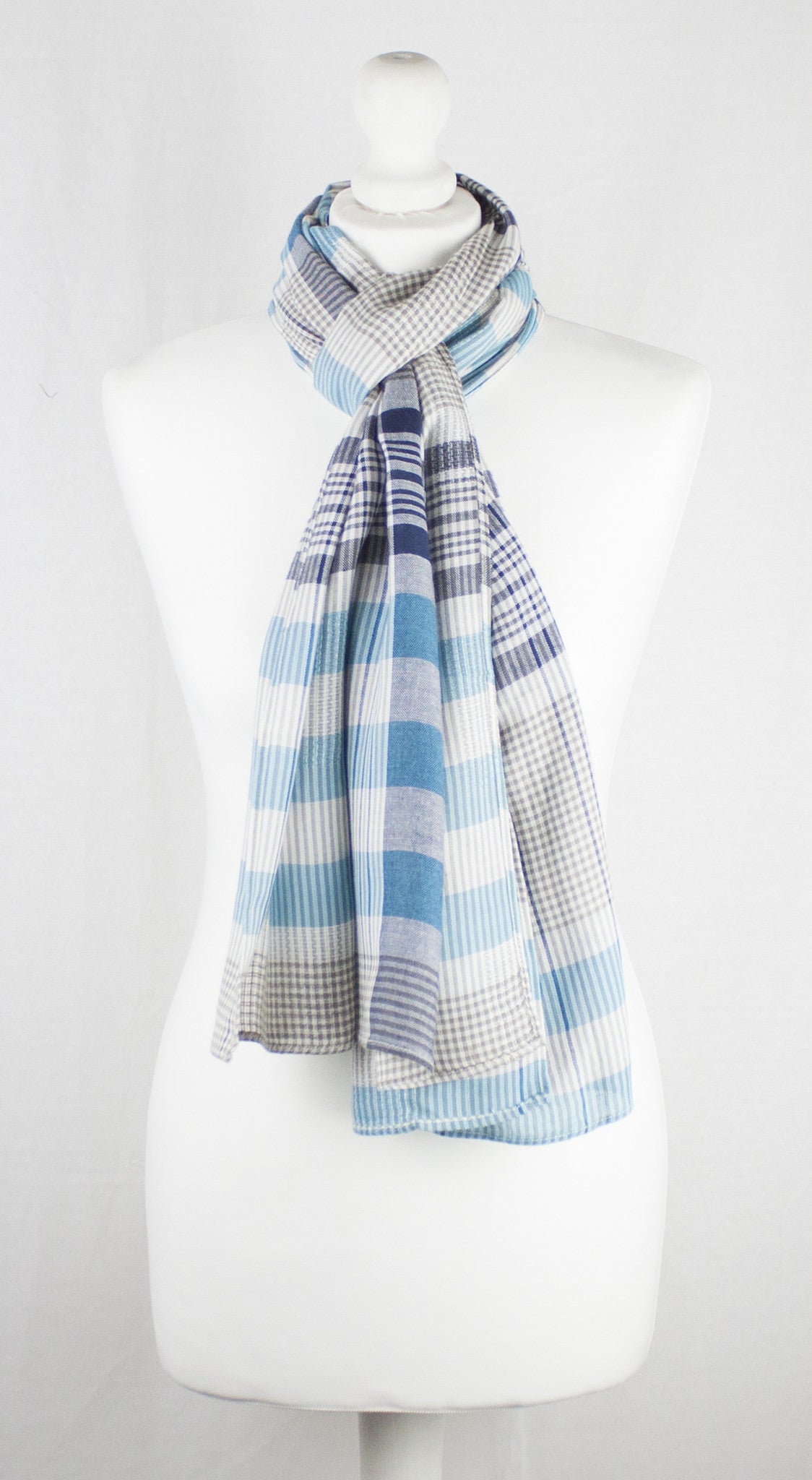 Checks and Stripes Textured Weave Viscose Scarf - Blue Navy Beige-1