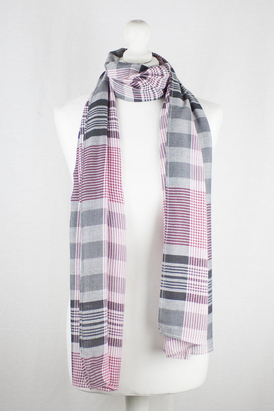 Checks and Stripes Textured Weave Viscose Scarf - Pink Black Off-White-0