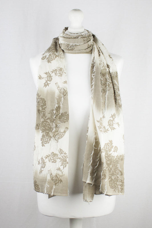 Frayed Stripes Printed Cotton Scarf -  Off- White Beige-0