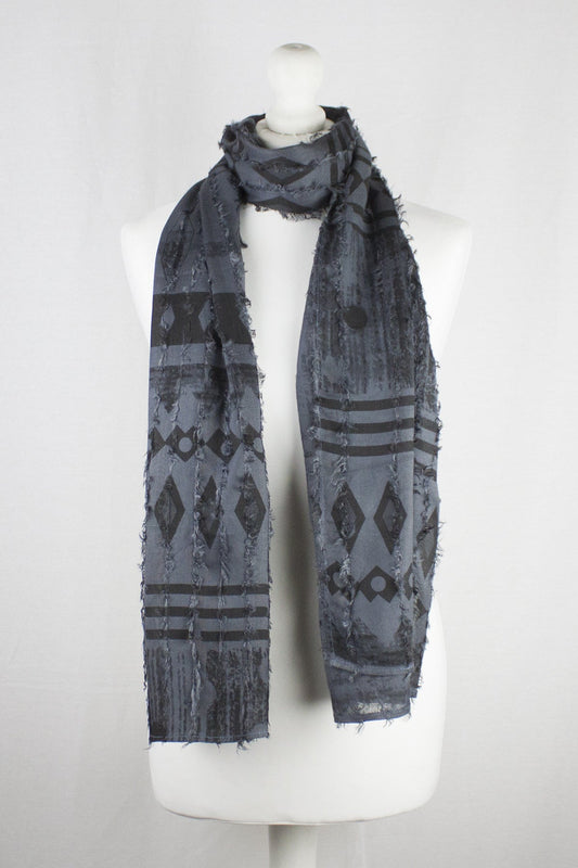 Frayed Stripes Block Printed Viscose Scarf - Grey Black-0