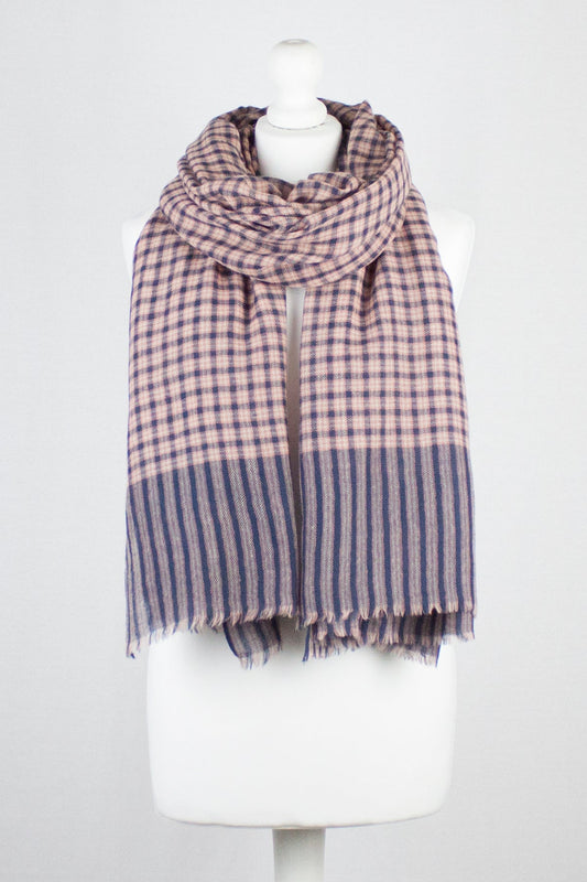 Box Checks with Stripe Border Merino Wool Scarf - Black Coral-0