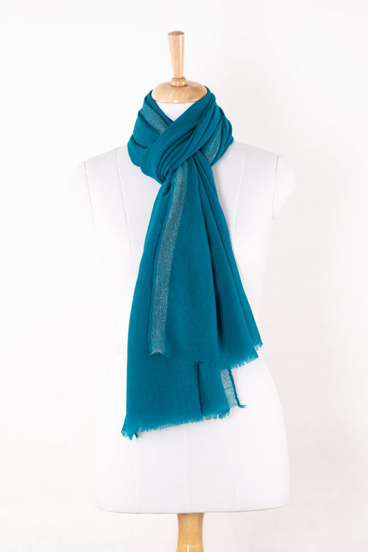 Twill Weave with Silver Lurex Border Merino Wool Scarf - Turquoise-0