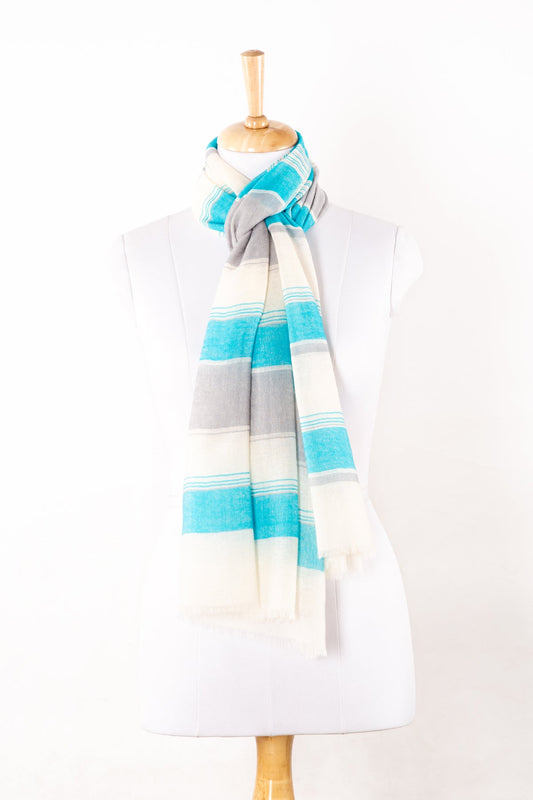 Wide Stripes Merino Wool Scarf - Turquoise White-0