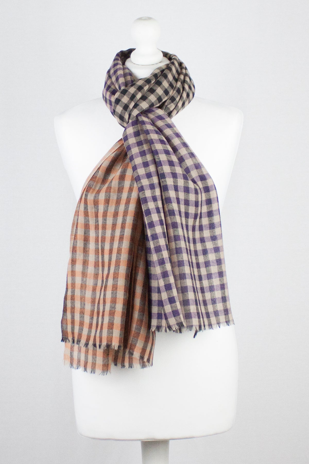 Color Block Checks Merino Wool Scarf - Purple Black Orange-1