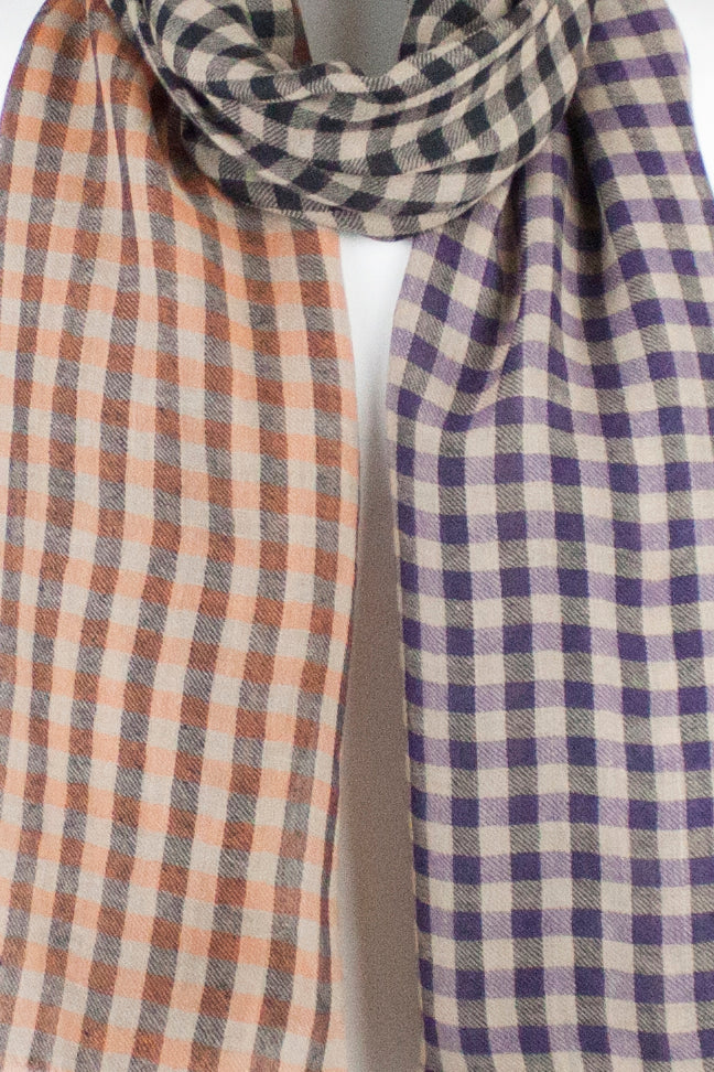 Color Block Checks Merino Wool Scarf - Purple Black Orange-2