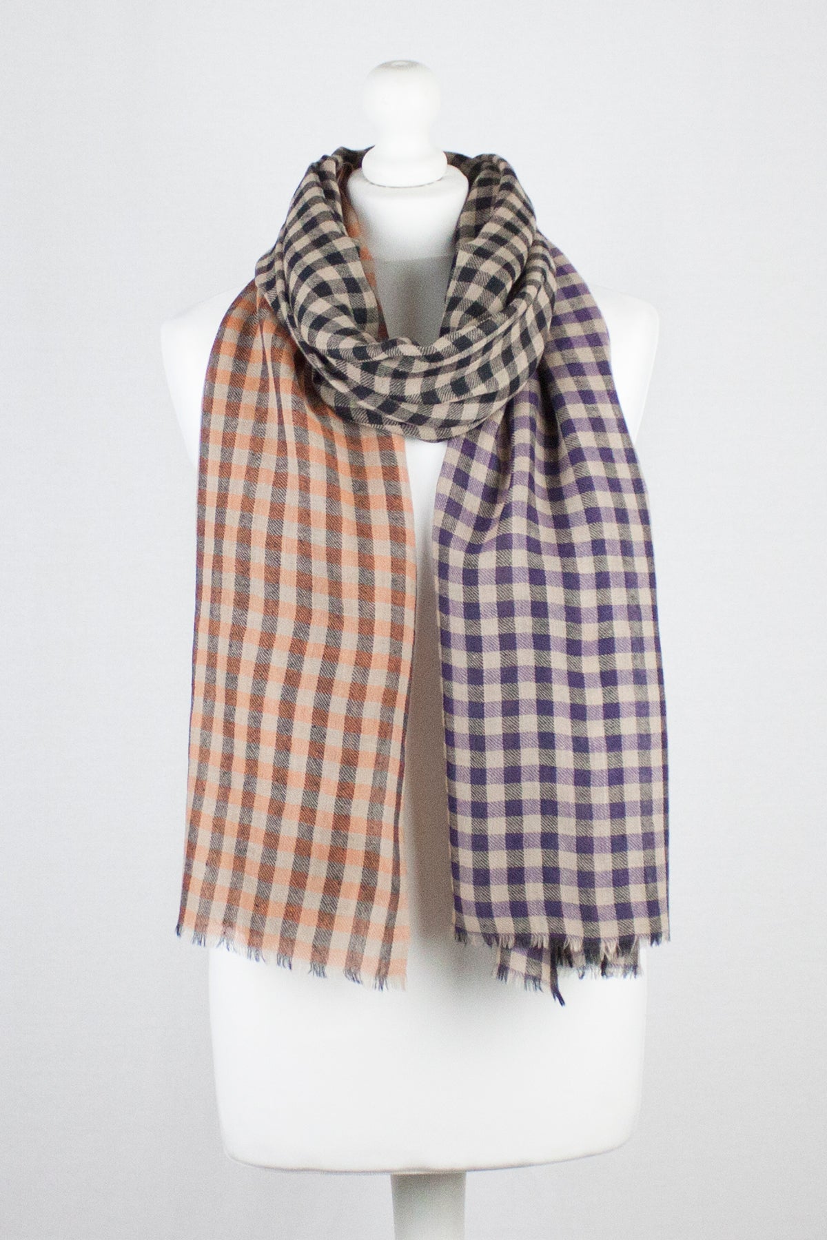 Color Block Checks Merino Wool Scarf - Purple Black Orange-0