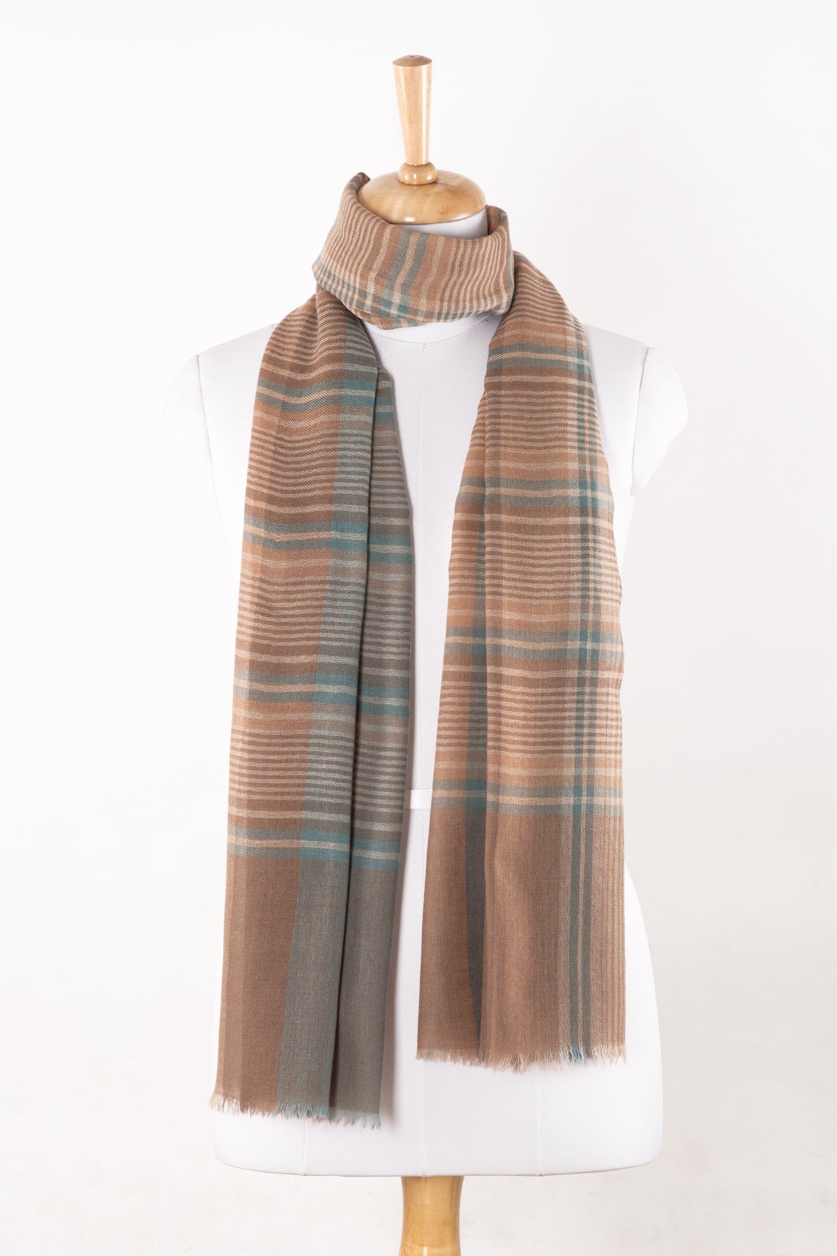 Yarn Dyed Twill Weave Stripes & Checks Merino Wool Scarf - Beige Blue-1