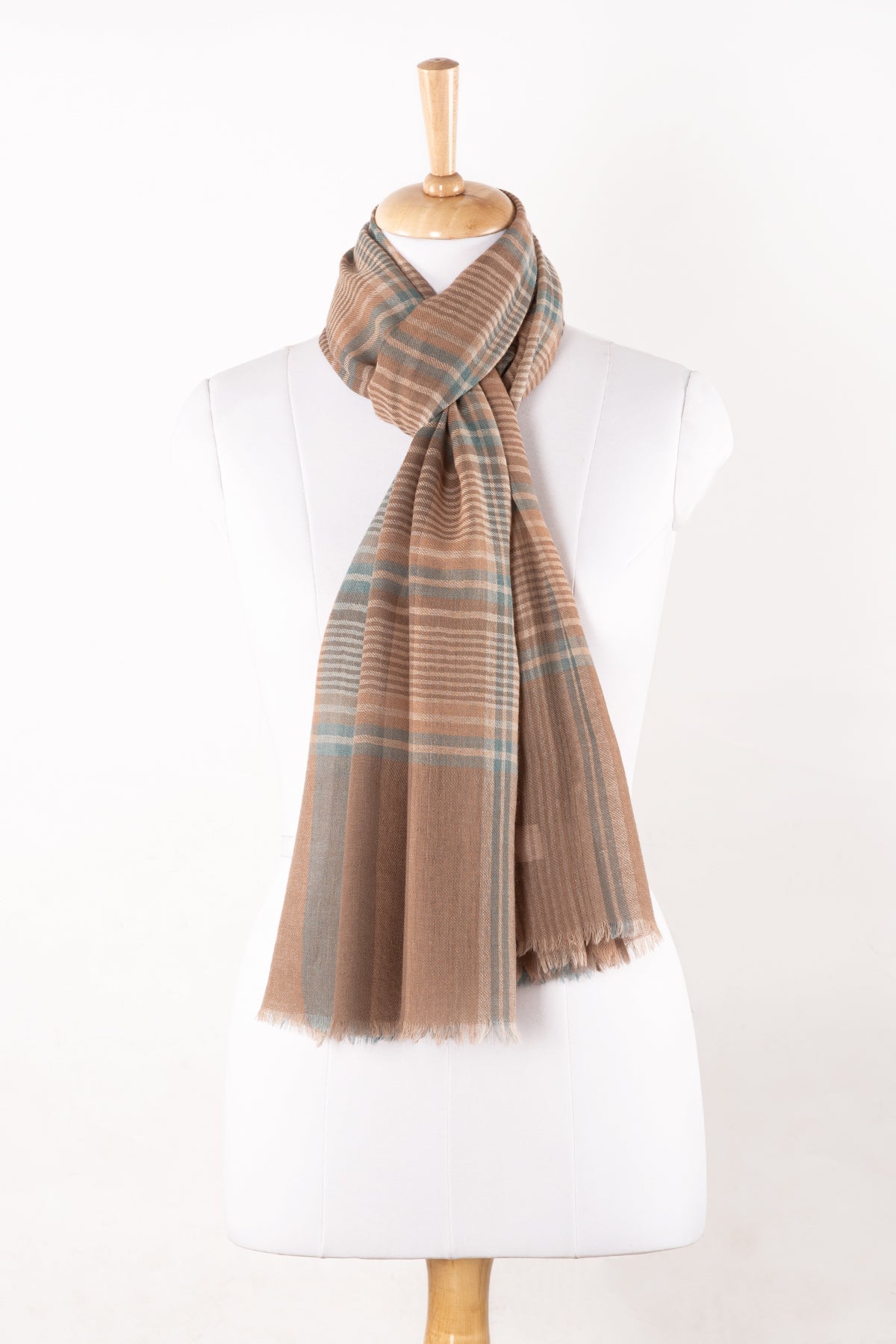 Yarn Dyed Twill Weave Stripes & Checks Merino Wool Scarf - Beige Blue-0