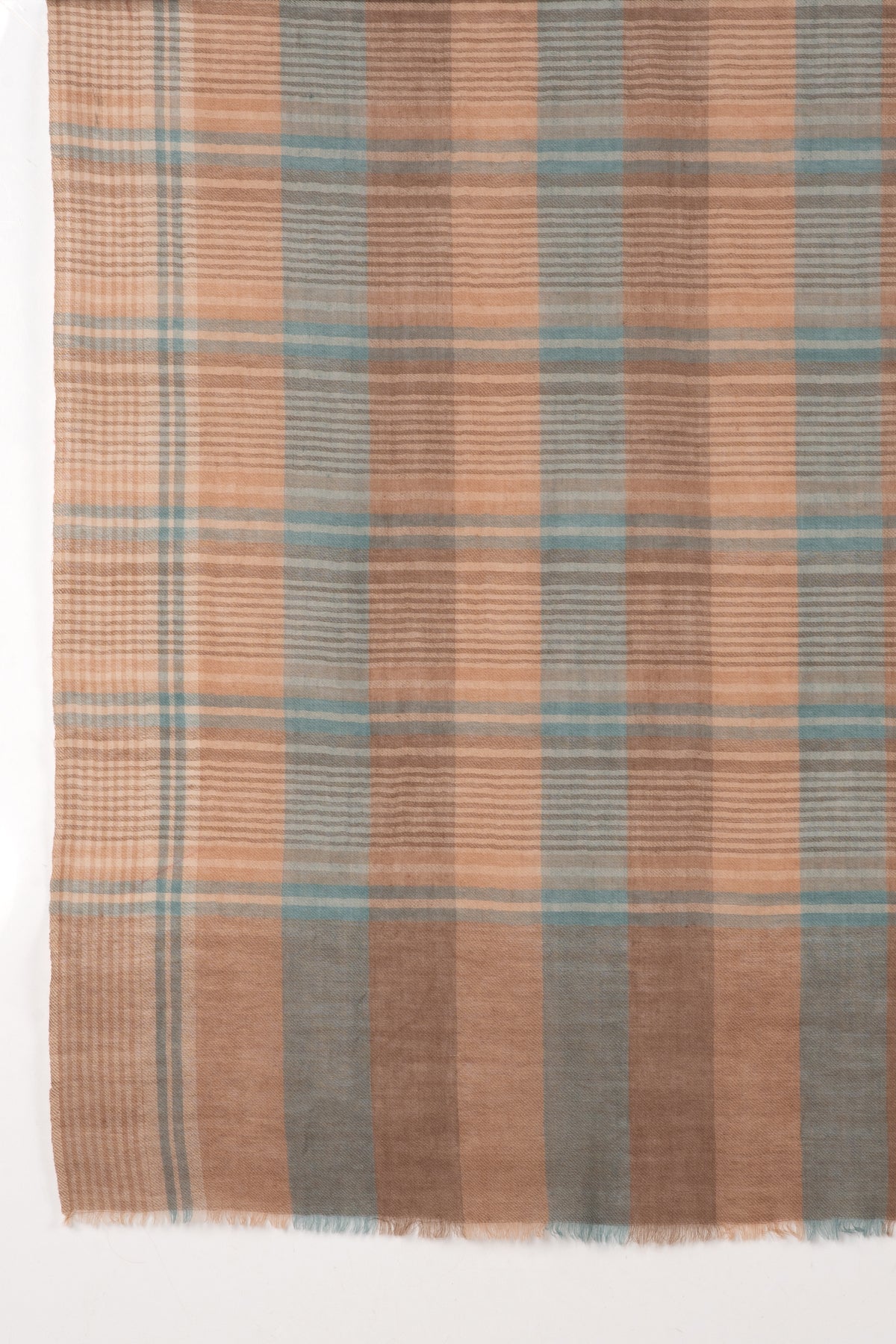 Yarn Dyed Twill Weave Stripes & Checks Merino Wool Scarf - Beige Blue-2