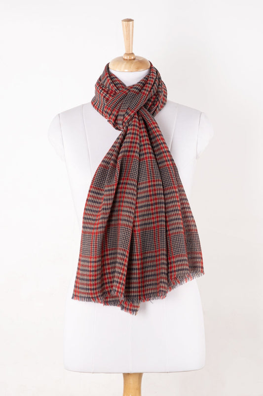 Windowpane Hounds-tooth Check Twill Weave Merino Wool Scarf - Blue Red-0