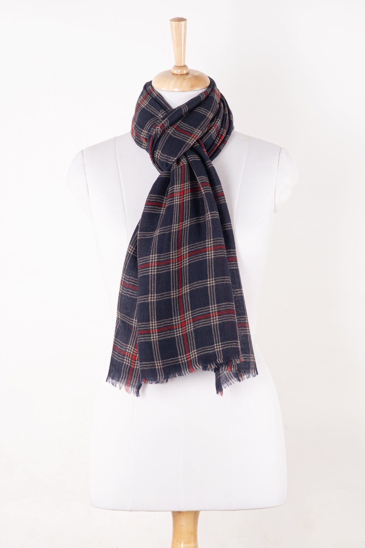 Yarn Dyed Twill Weave Classic Checks Merino Wool Scarf - Navy Red-0