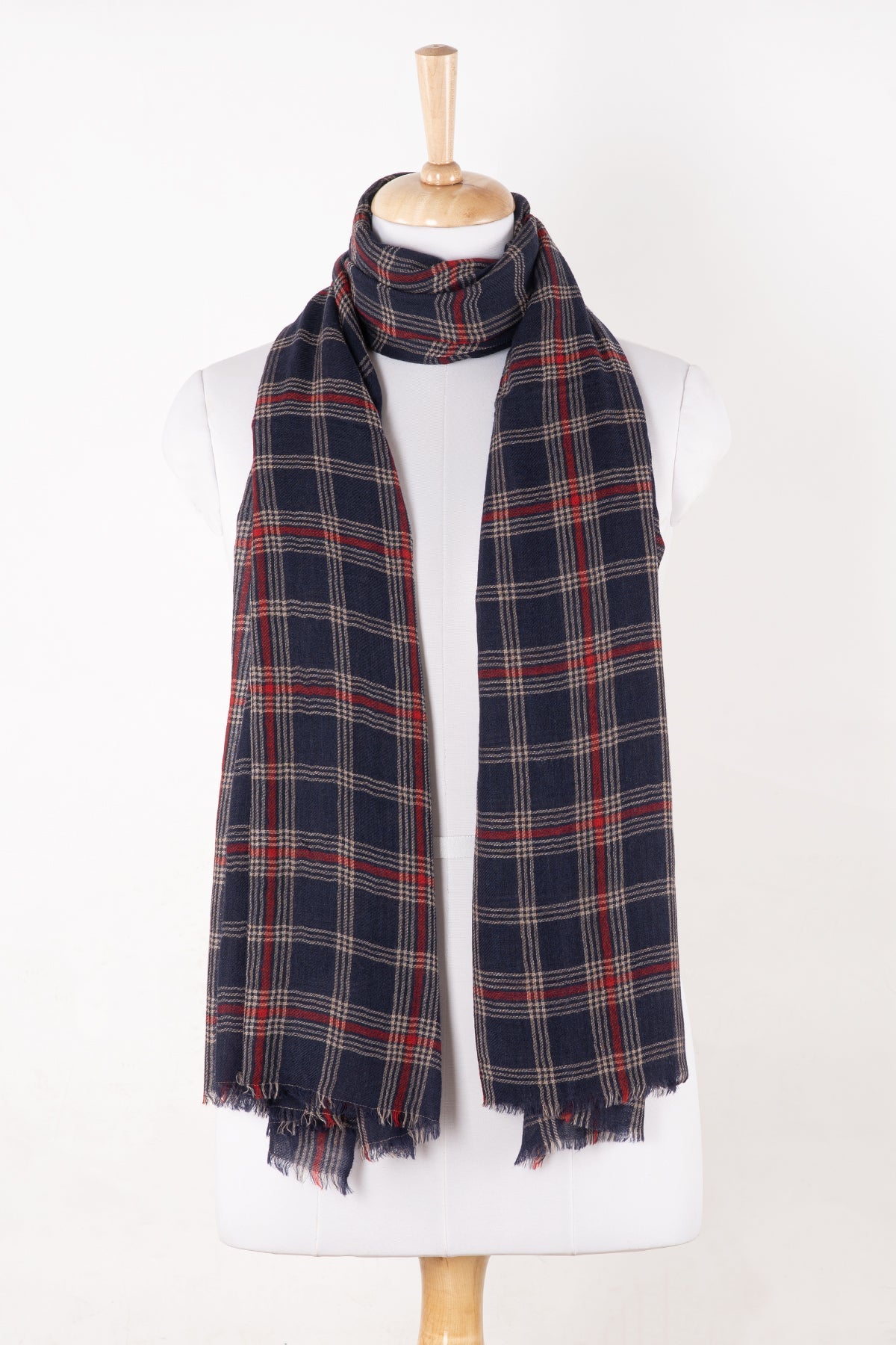 Yarn Dyed Twill Weave Classic Checks Merino Wool Scarf - Navy Red-1