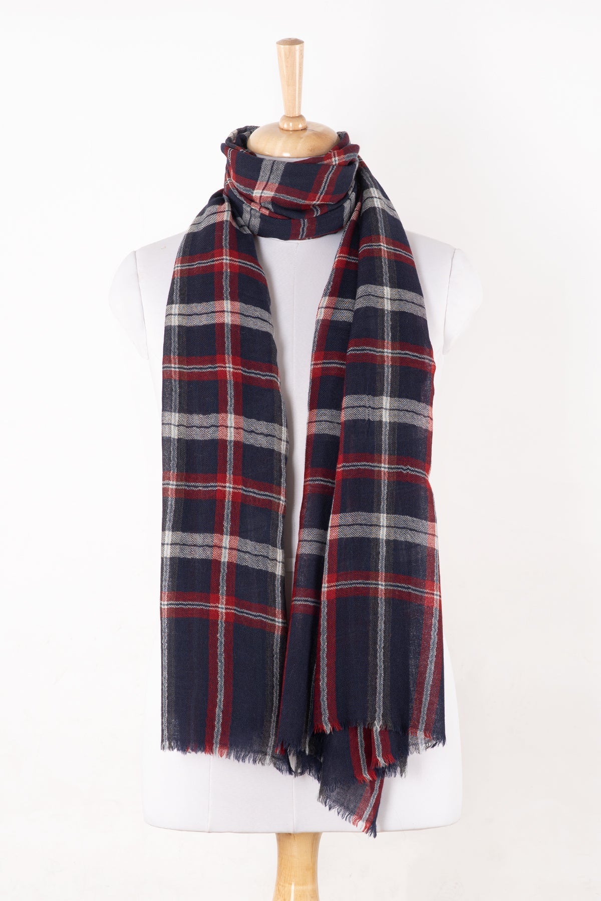 Yarn Dyed Twill Weave Classic Checks Merino Wool Scarf - Navy Maroon-1