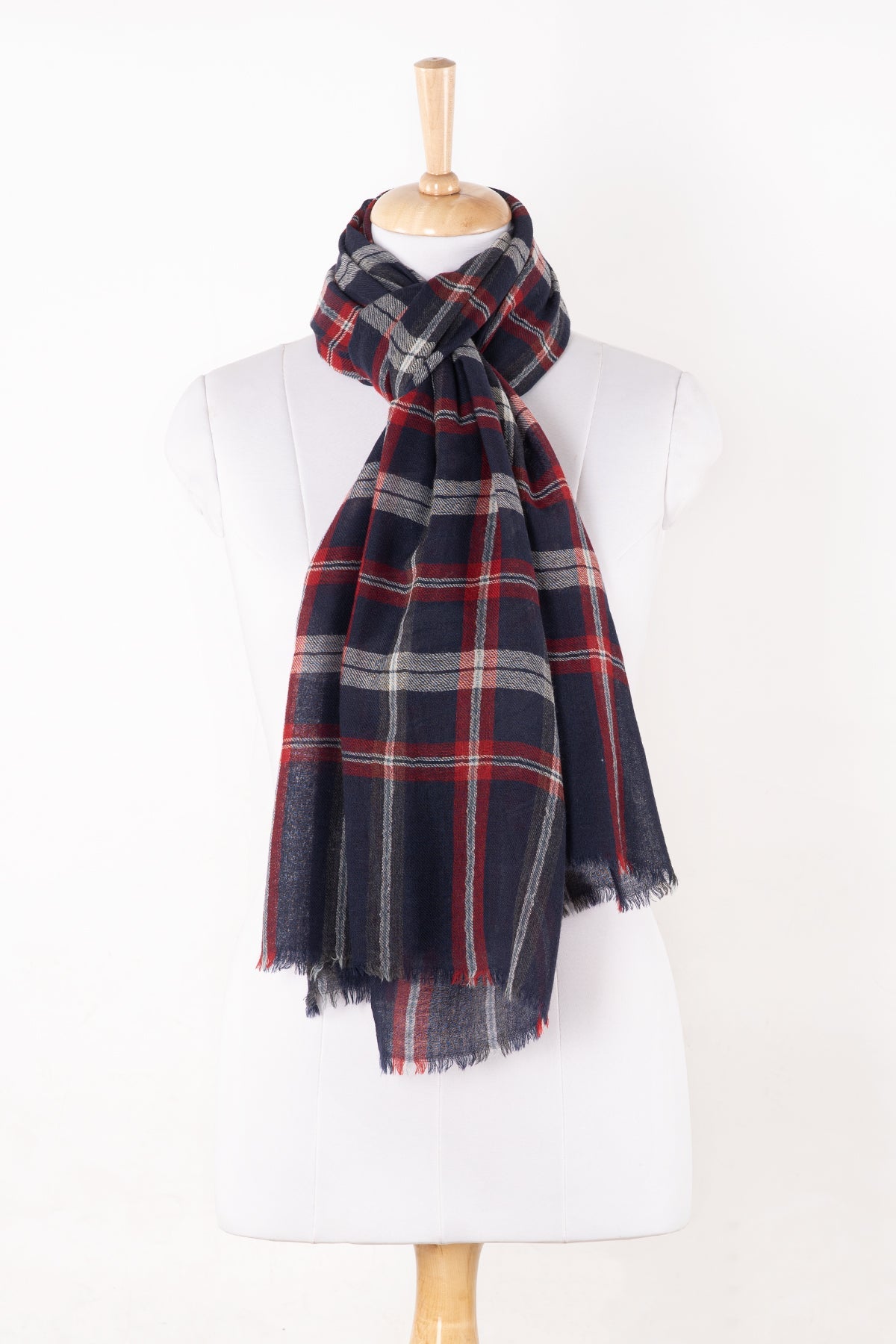 Yarn Dyed Twill Weave Classic Checks Merino Wool Scarf - Navy Maroon-0