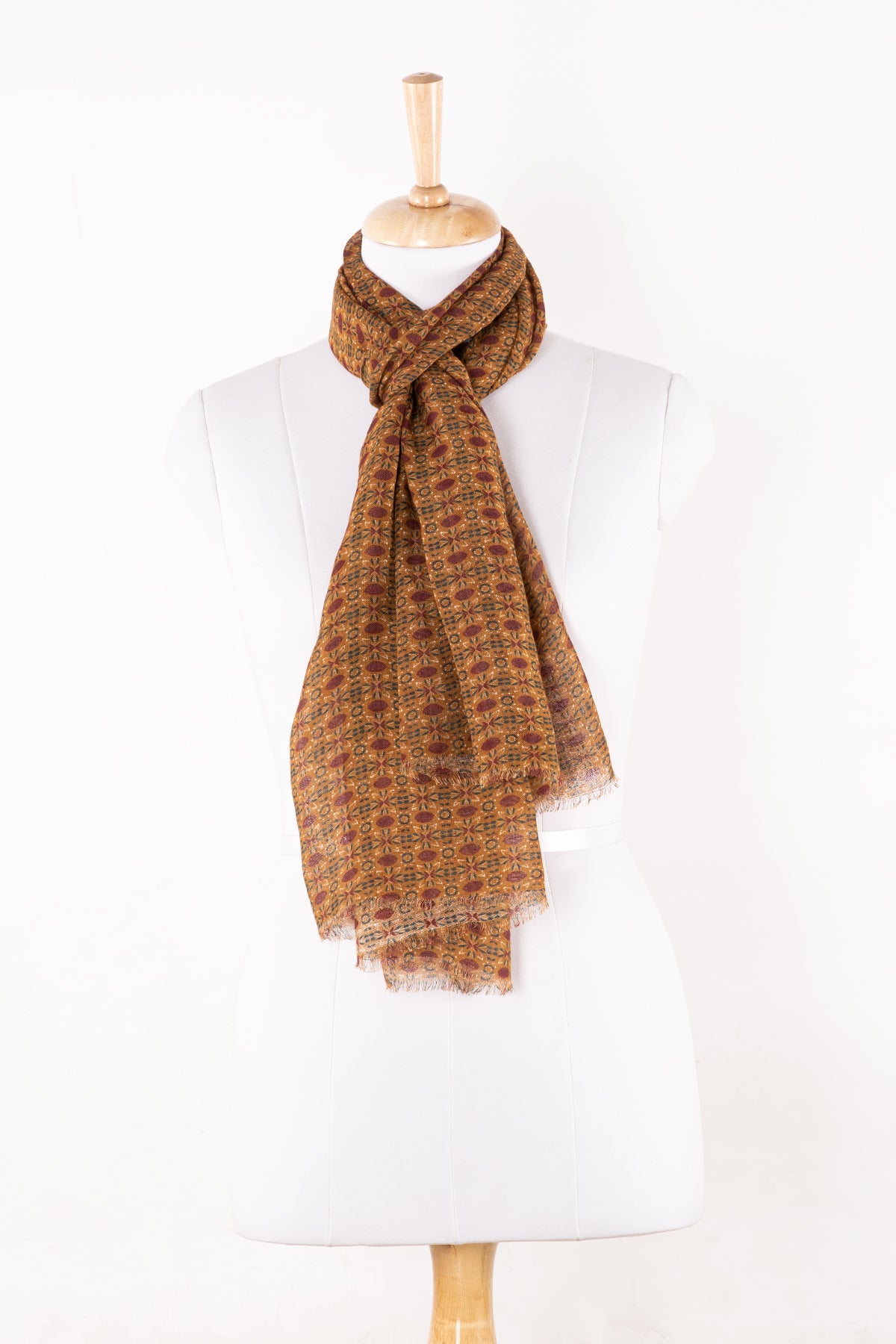 Tile Print Linen Cotton Scarf - Ochre Red-0