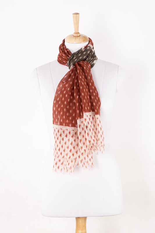 Hazy Brush Print Linen Cotton Scarf - Terracotta Grey White-0