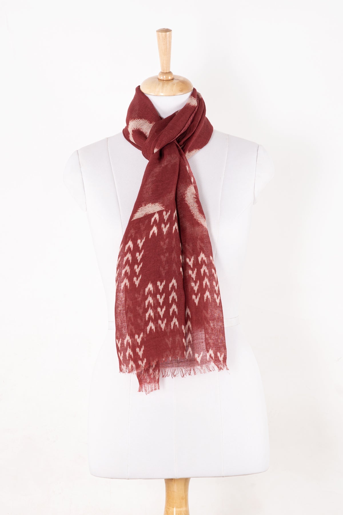 Circle and Chevron Square Print Linen Cotton Scarf - Terracotta-0