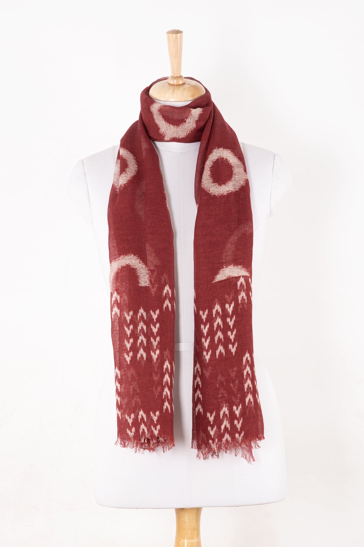 Circle and Chevron Square Print Linen Cotton Scarf - Terracotta-1