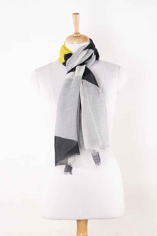 Abstract Geometry Print Linen Cotton Scarf - Grey Black Lime-0