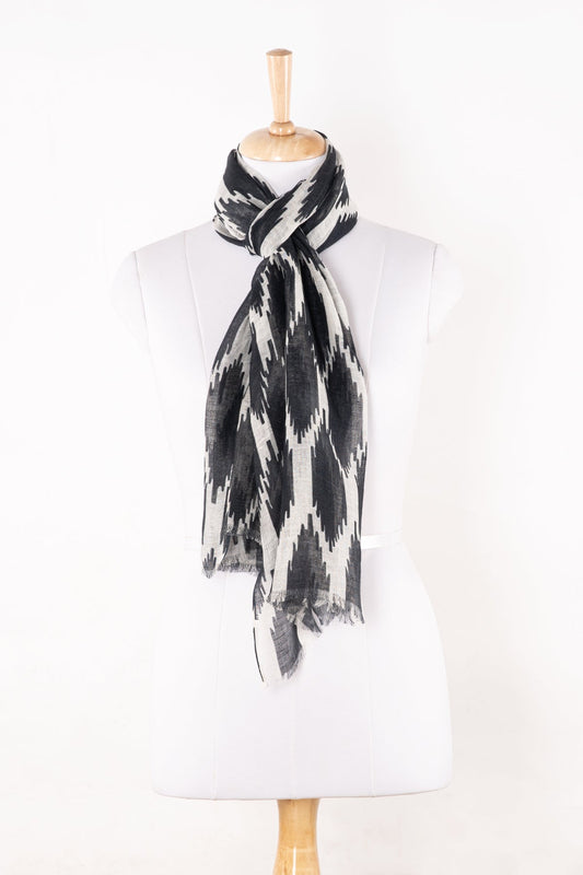 Ikat Printed Linen Scarf - Black White-0