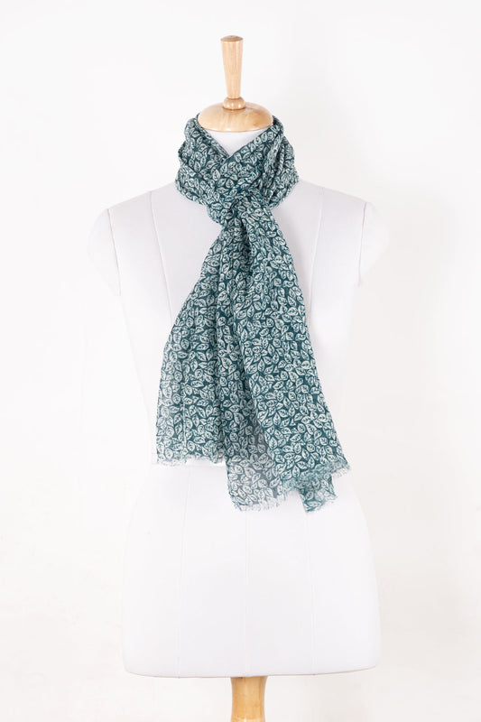 Leaf Print Linen Cotton Scarf - Teal-0