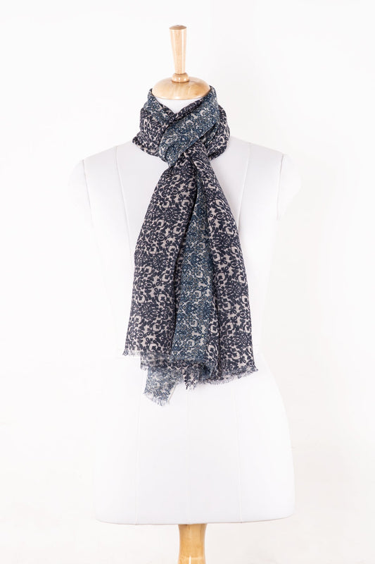 Floral Tile Print Linen Cotton Scarf - Navy Cement-0