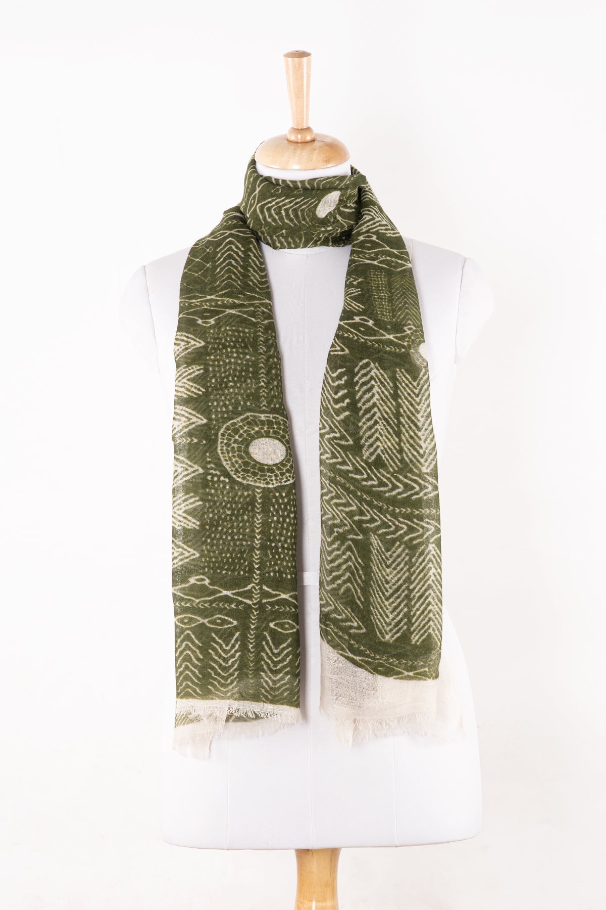 Tribal Print Linen Cotton Scarf - Leaf Green-1