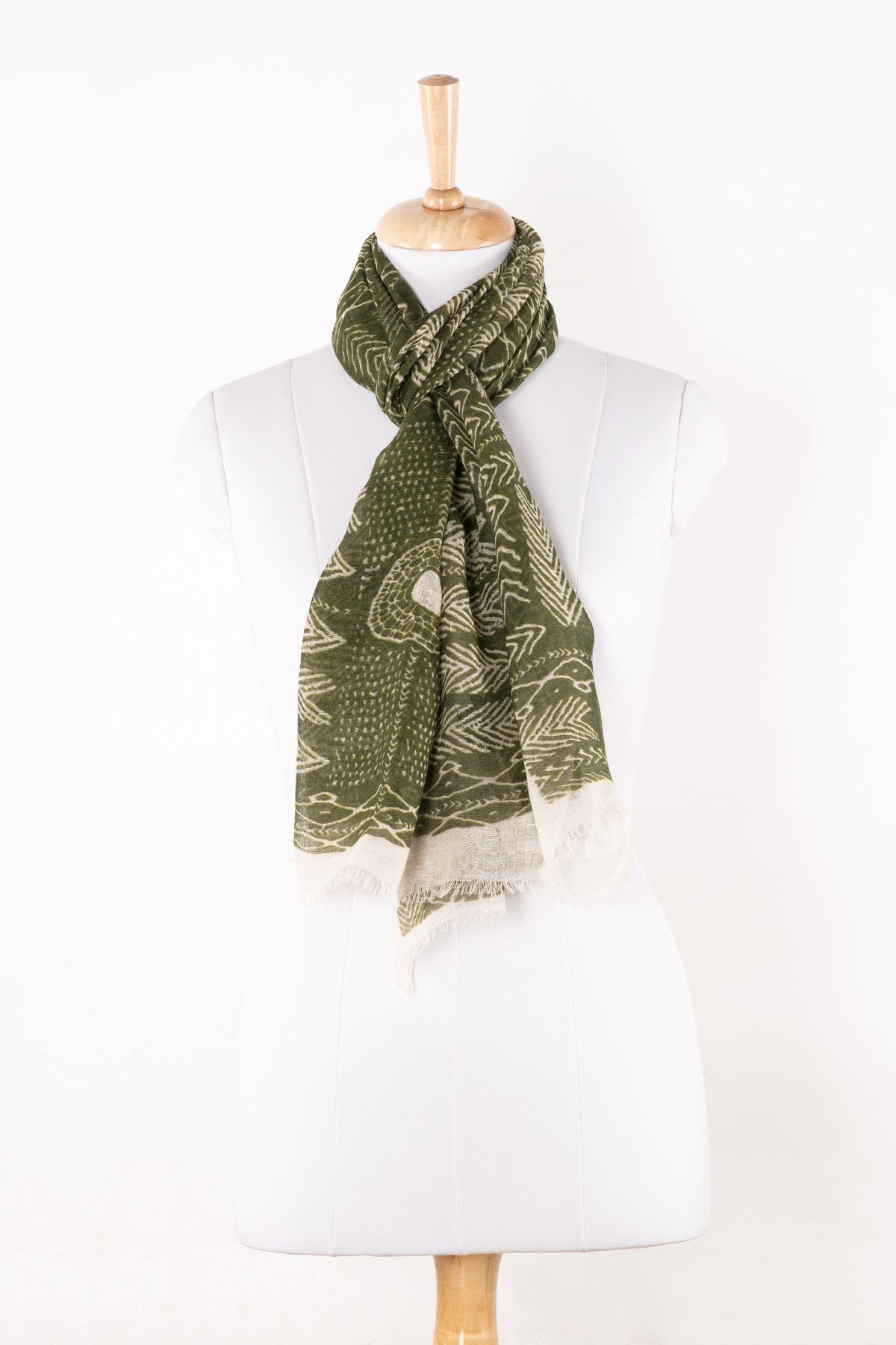 Tribal Print Linen Cotton Scarf - Leaf Green-0