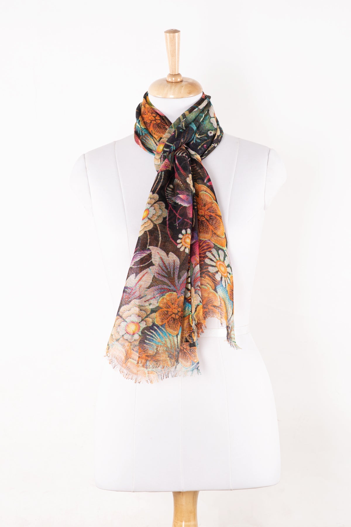 Floral Bouquet Print Linen Cotton Scarf - Multicoloured-0