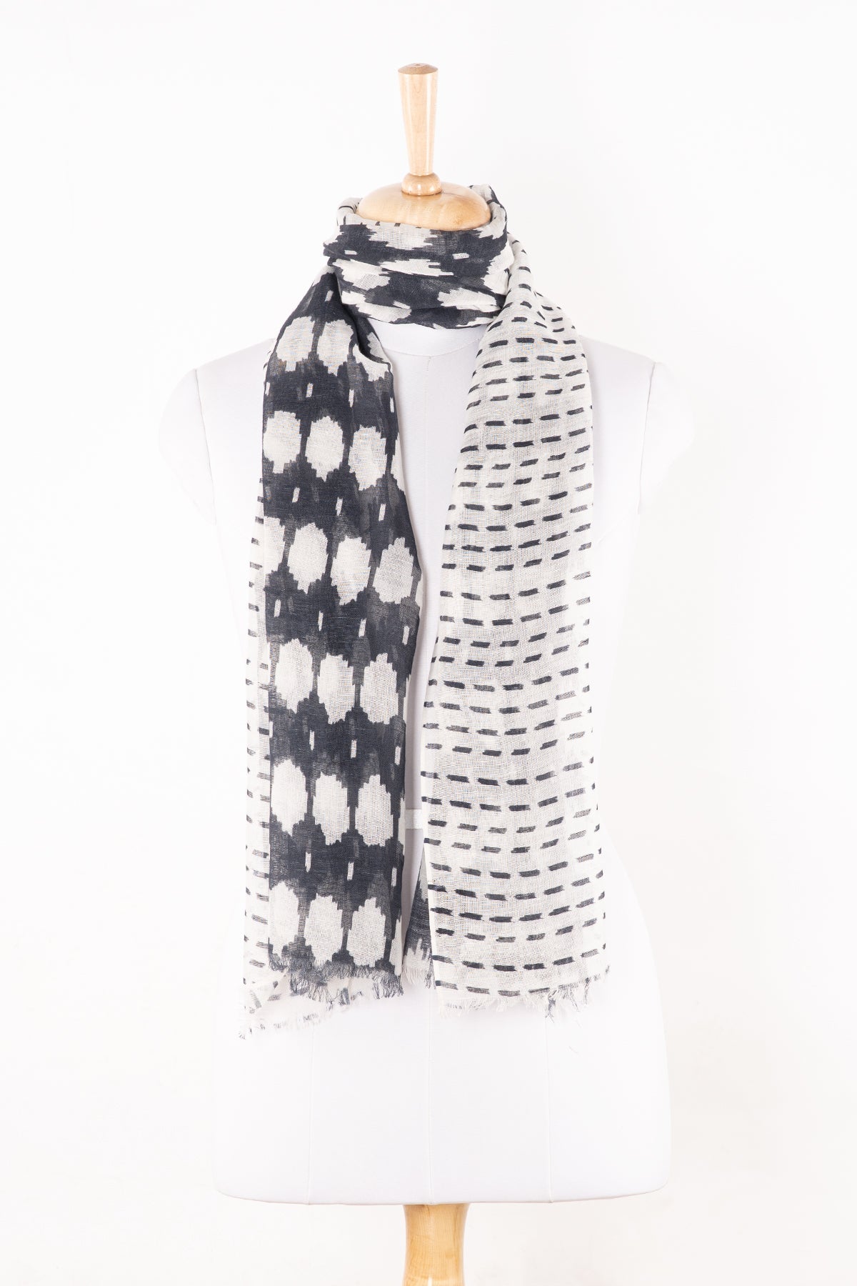 Ikat and Geometry Mixed Print Linen Cotton Scarf - Black-1