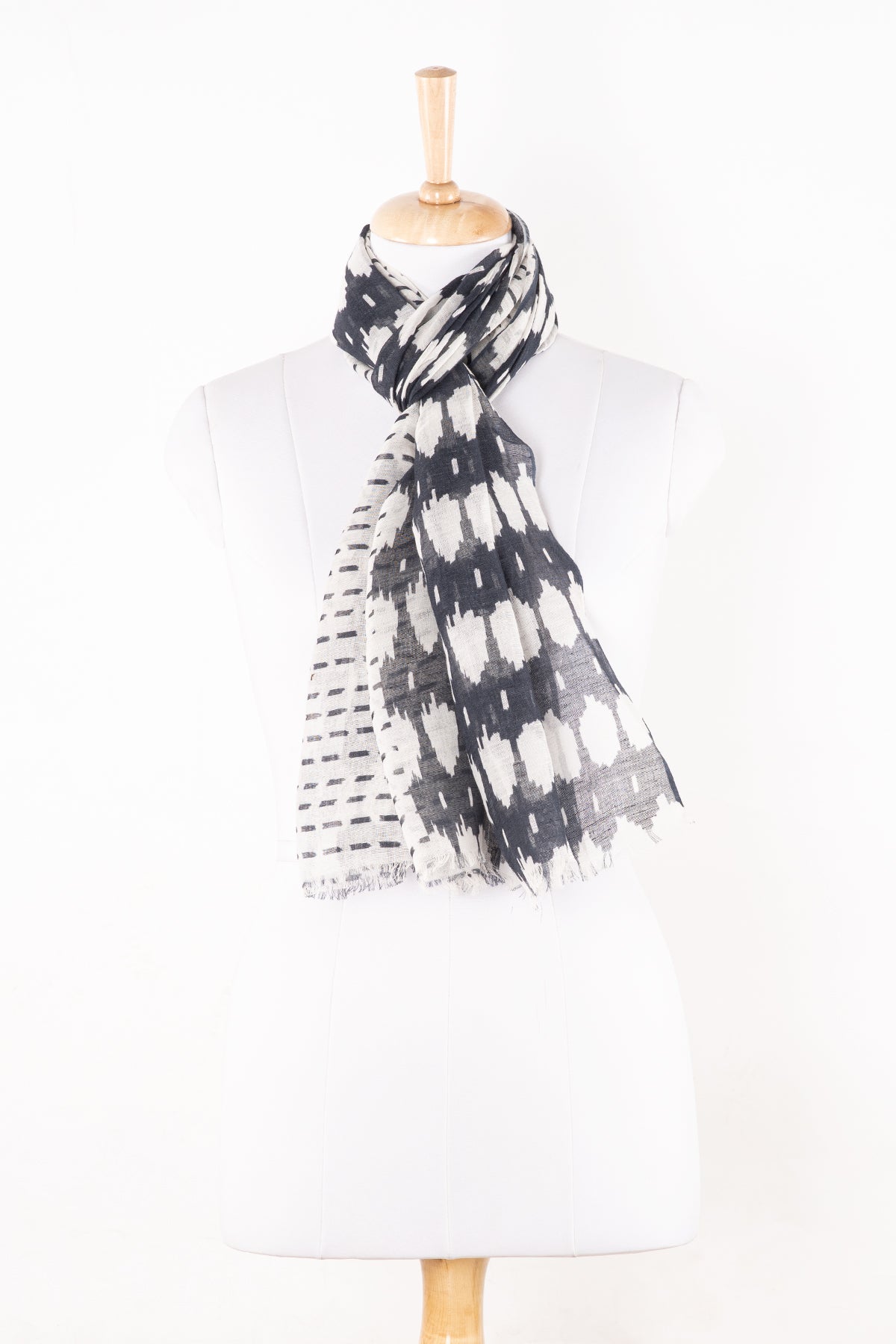 Ikat and Geometry Mixed Print Linen Cotton Scarf - Black-0