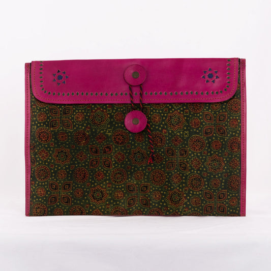 Hand-carved Leather iPad Case with Hand-block Ajrakh Print - Pink Green-0