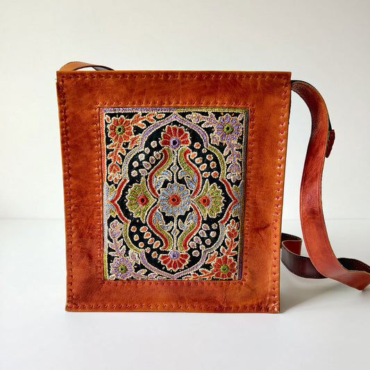 Intricate Embroidery Camel Leather Handbag-0