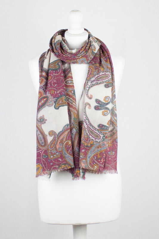 Persian Paisley Print Merino Wool Scarf - Magenta Off White-0