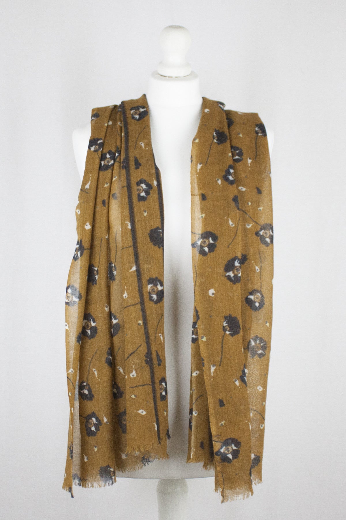 Poppy Flower Merino Wool Scarf - Ochre-1