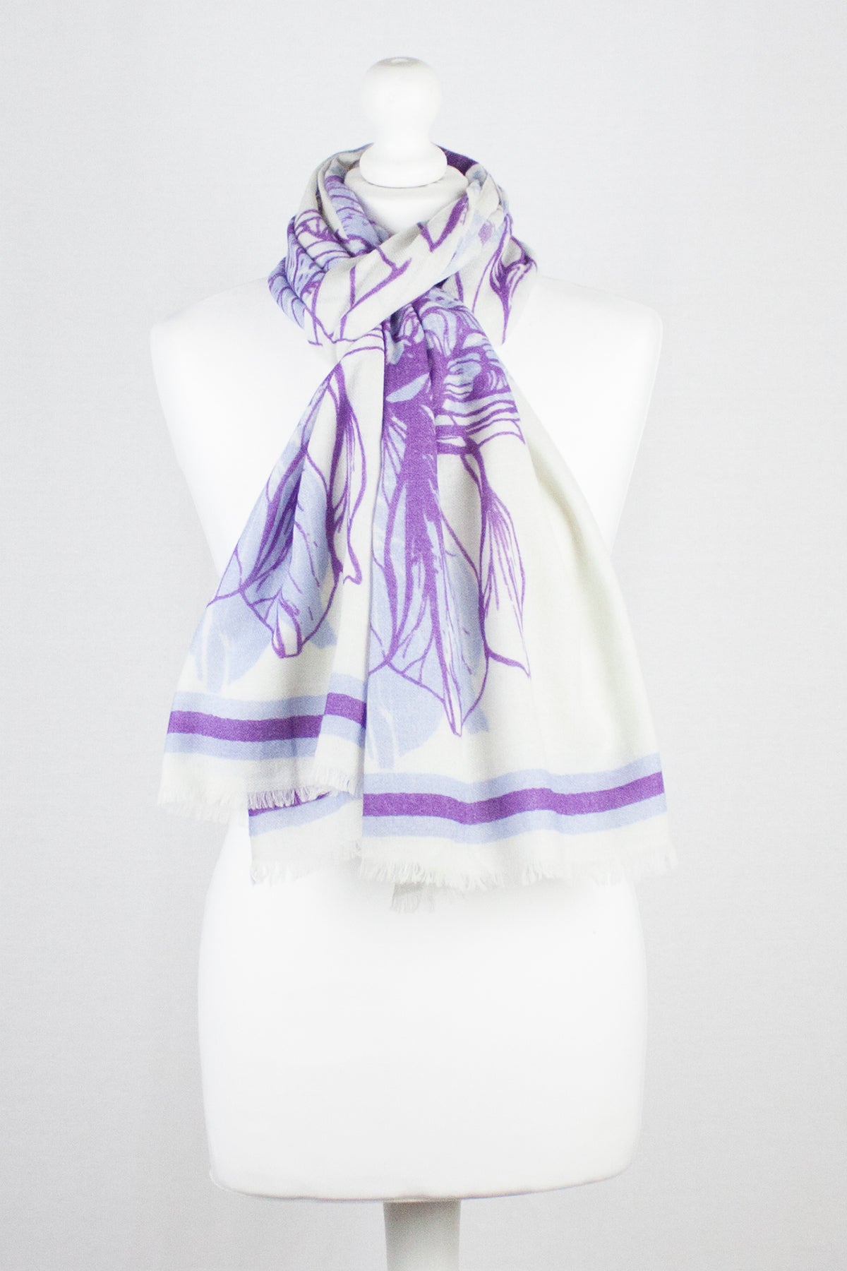 Cynthia Floral Print Merino Wool Scarf - Off White Violet-1