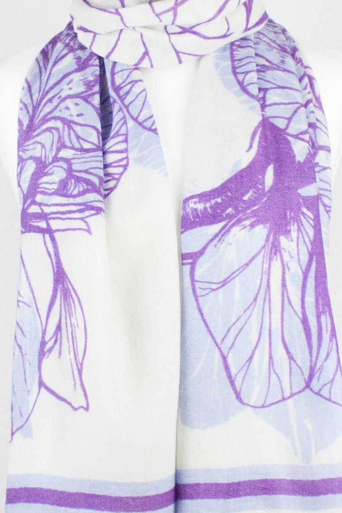 Cynthia Floral Print Merino Wool Scarf - Off White Violet-2