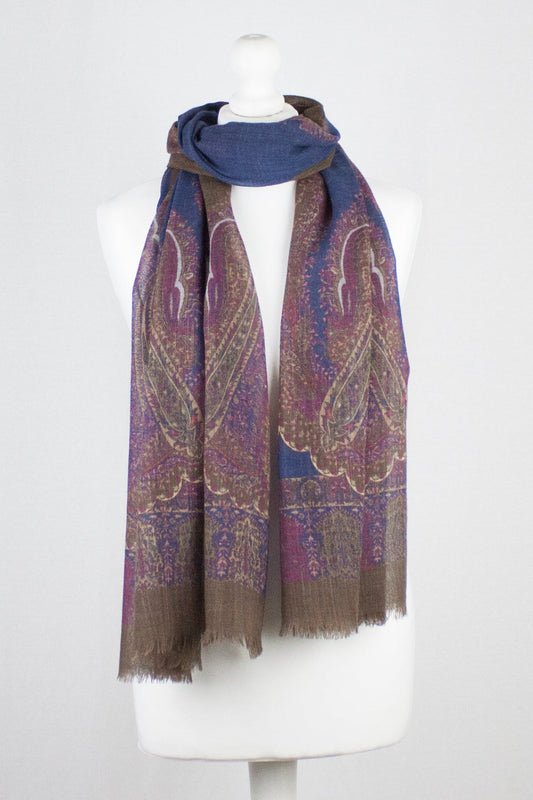 Persian Paisley Print Merino Wool Scarf - Navy Magenta Brown-0