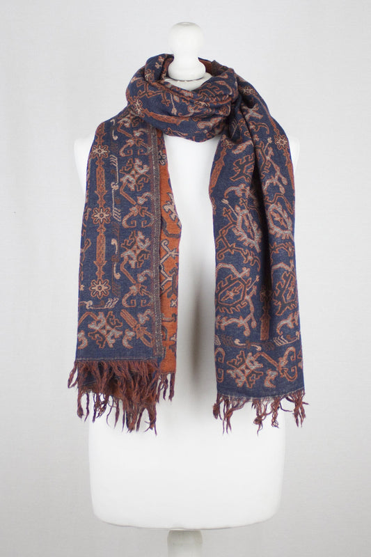 Jamdani Motif Jacquard Merino Wool Scarf - Navy Orange-0