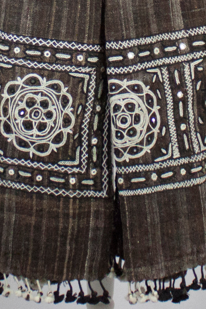 Handspun Handwoven Rabari Embroidered Wool Shawl - Brown-1