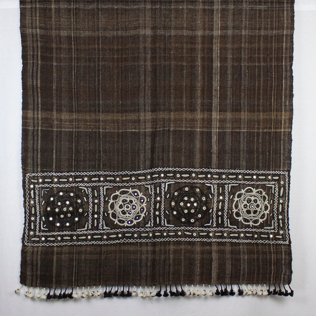 Handspun Handwoven Rabari Embroidered Wool Shawl - Brown-4