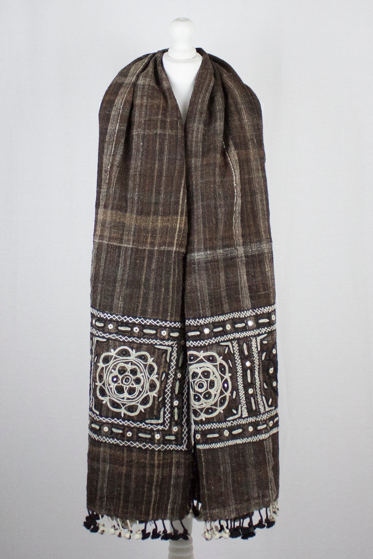 Handspun Handwoven Rabari Embroidered Wool Shawl - Brown-0