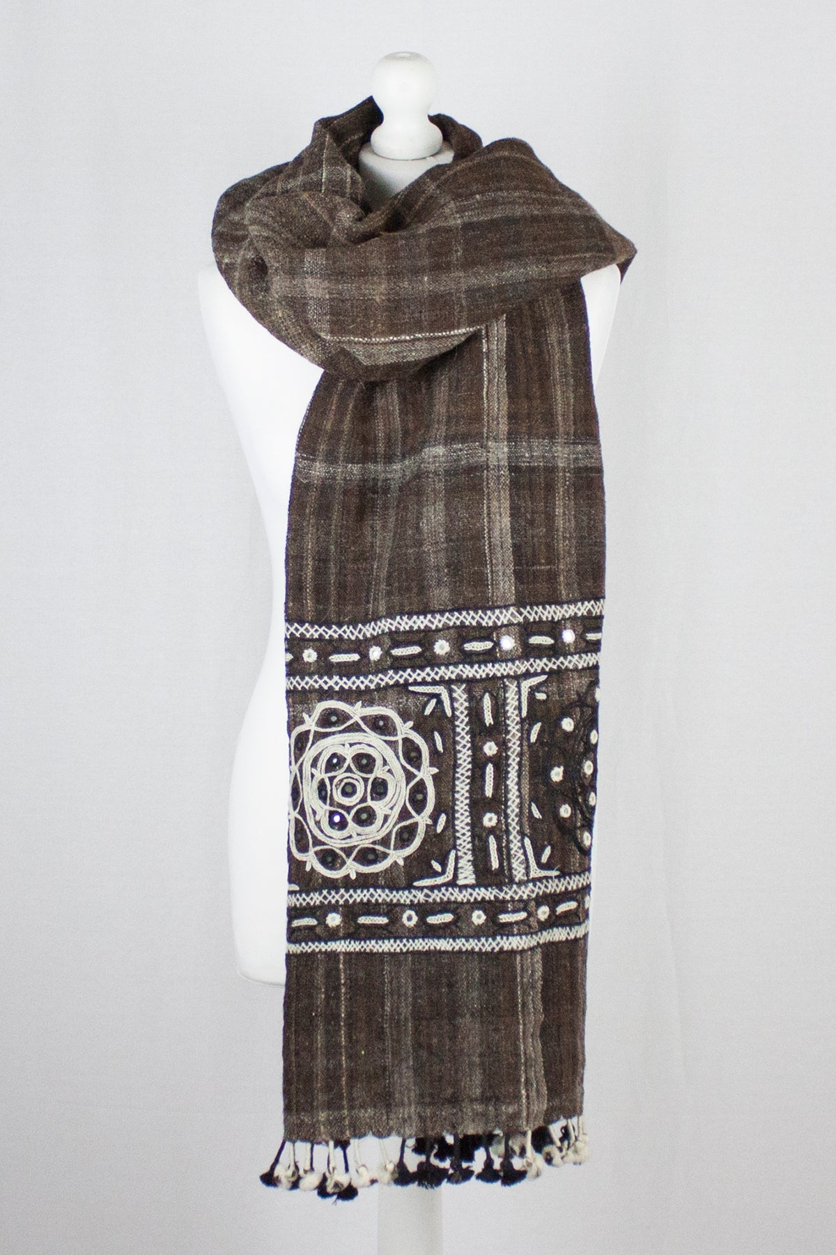 Handspun Handwoven Rabari Embroidered Wool Shawl - Brown-3